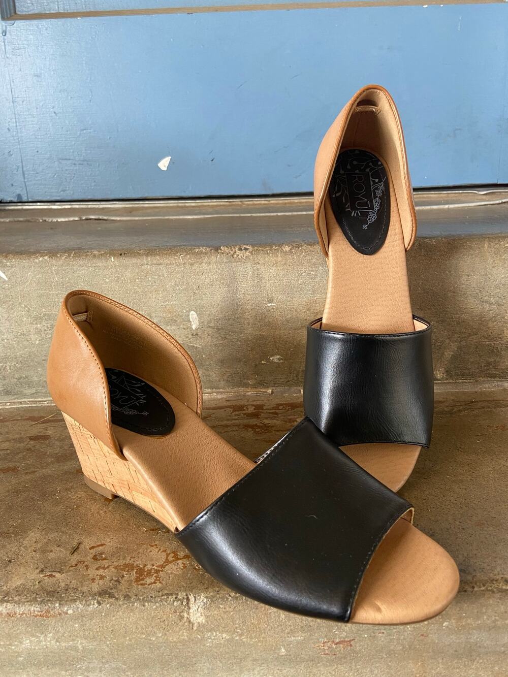 Royu “Stella” black and tan open toe wedge D’Orsay shoe with cork wrapped heel